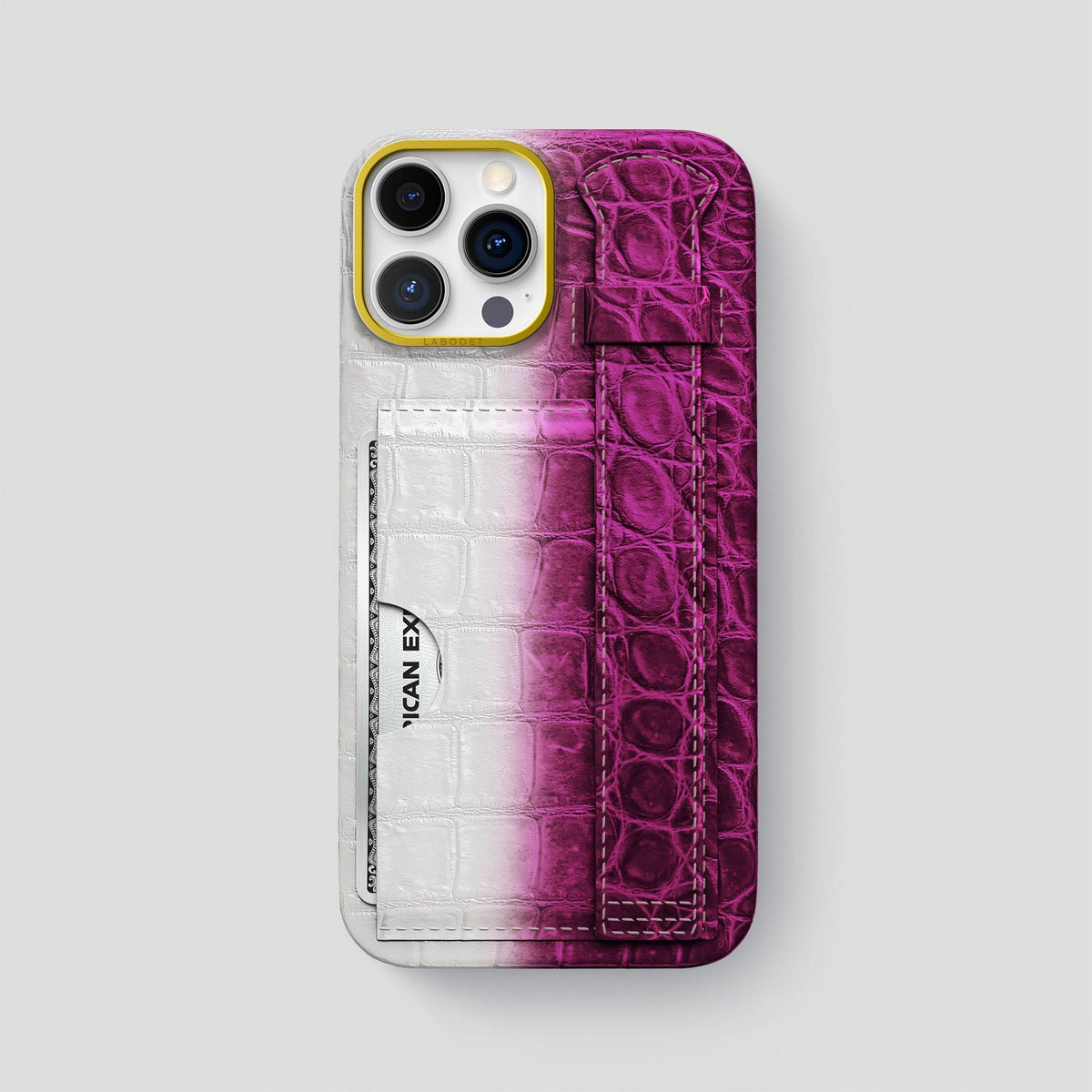 Fuchsia iPhone 14 Pro Max Cardholder Strap Himalayan Crocodile with Gold Metal -1 | Fuchsia-Gold