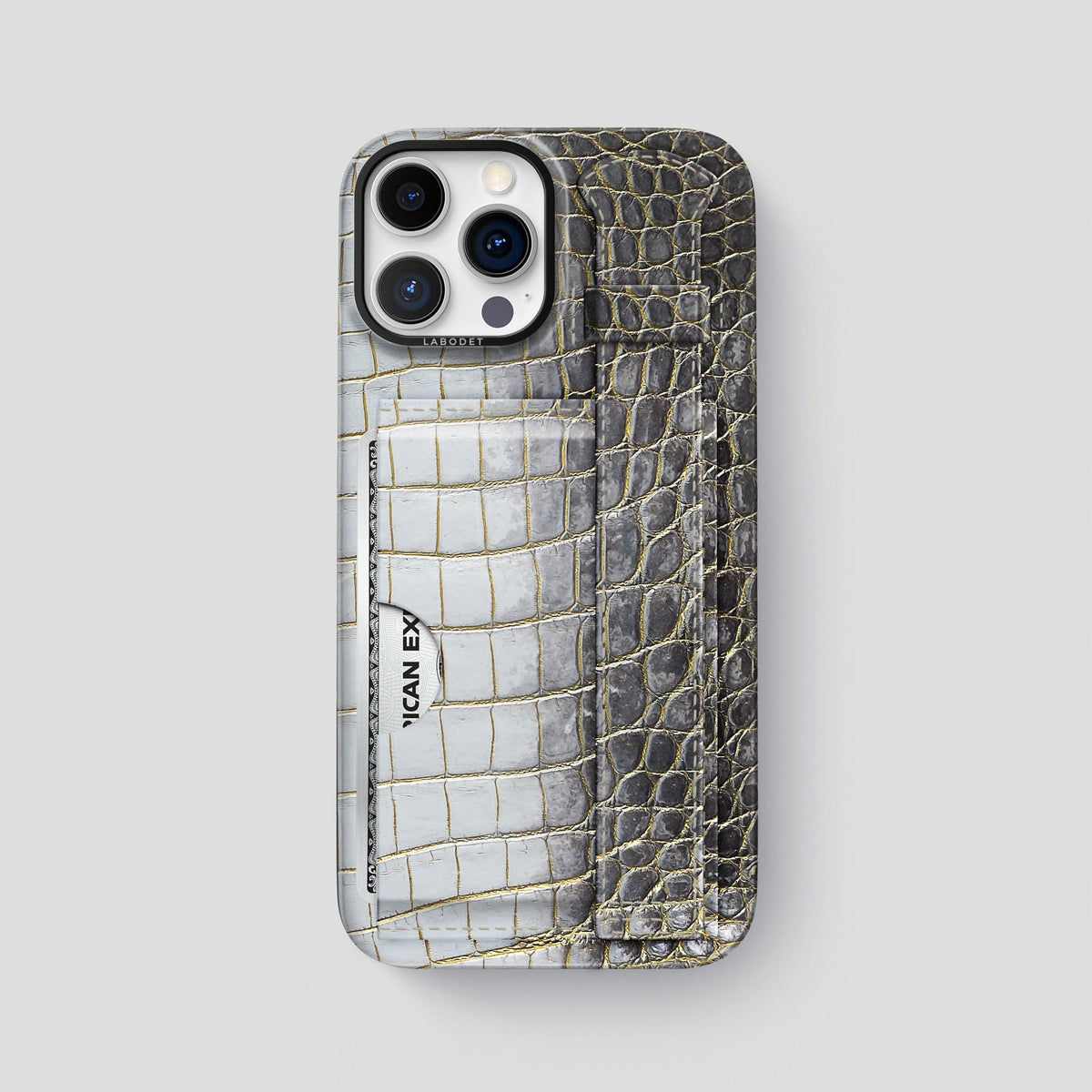 Gold iPhone 14 Pro Max Cardholder Strap Himalayan Crocodile with Black Metal -1 | Gold-Black