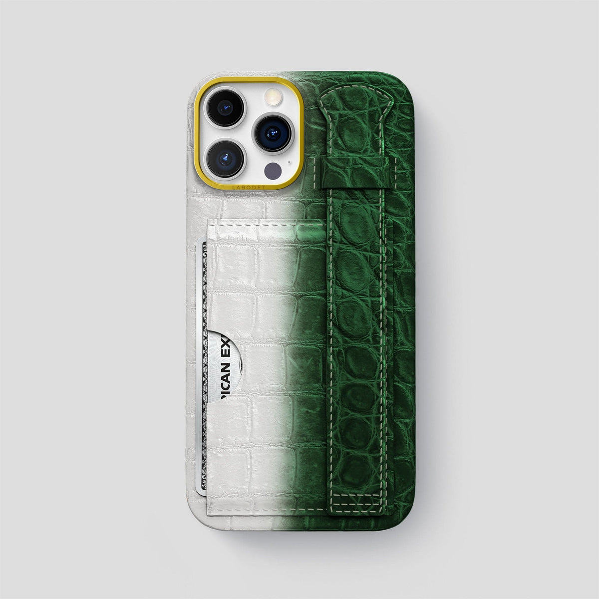 Green iPhone 14 Pro Max Cardholder Strap Himalayan Crocodile with Gold Metal -1 | Green-Gold