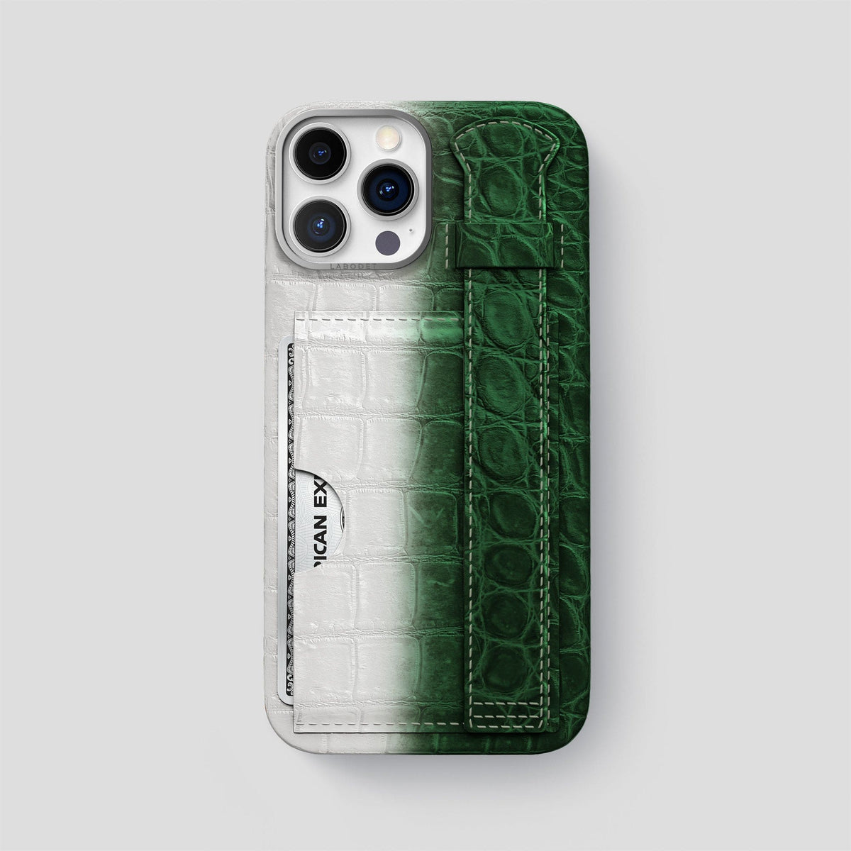 Green iPhone 14 Pro Max Cardholder Strap Himalayan Crocodile with Steel Metal -1 | Green-Steel