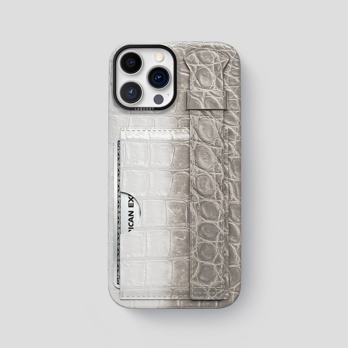 Grey iPhone 14 Pro Max Cardholder Strap Himalayan Crocodile with Black Metal -1 | Grey-Black