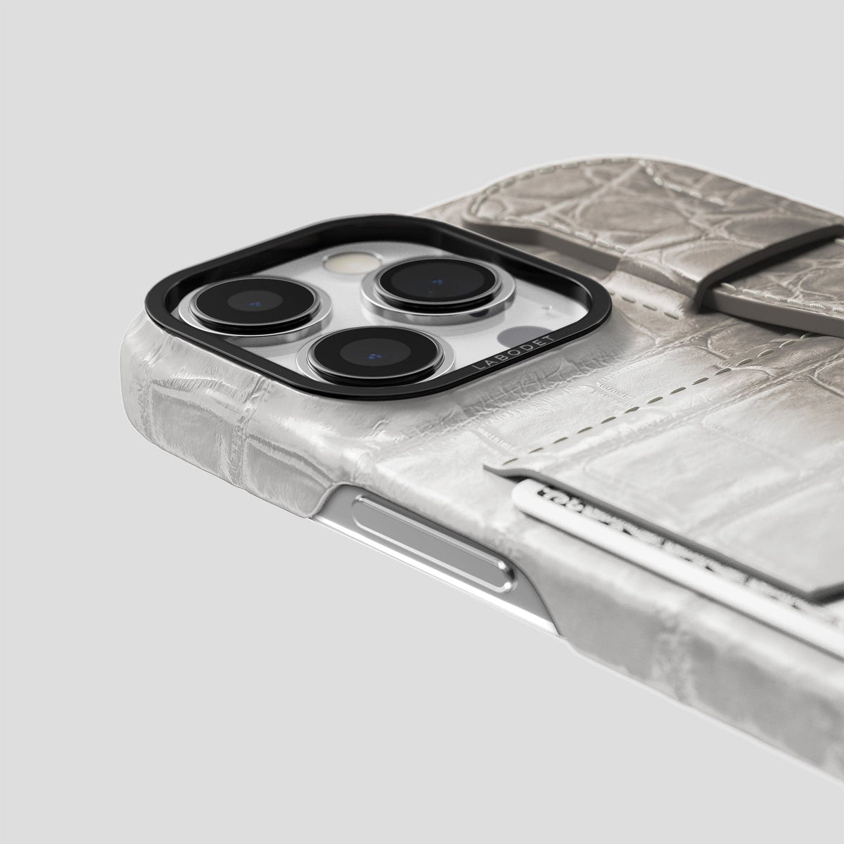 Grey iPhone 14 Pro Max Cardholder Strap Himalayan Crocodile with Black Metal -5 | Grey-Black
