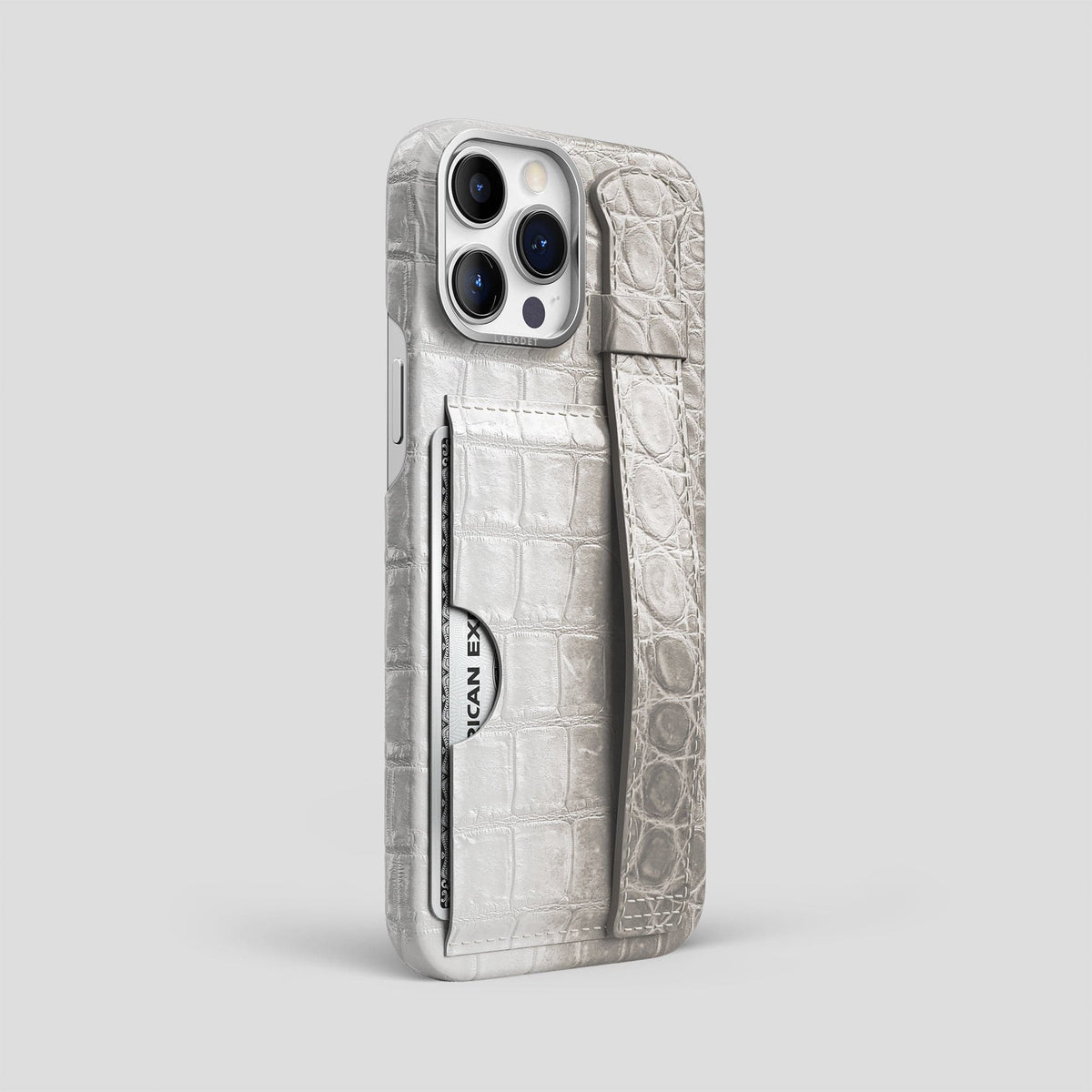 Grey iPhone 14 Pro Max Cardholder Strap Himalayan Crocodile with Steel Metal -2 | Grey-Steel