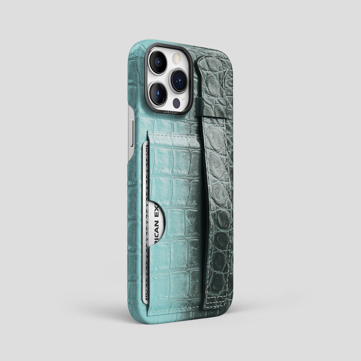 Light-Mint iPhone 14 Pro Max Cardholder Strap Himalayan Crocodile with Black Metal -2 | Light-Mint-Black