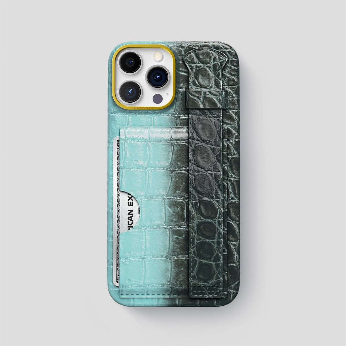 Light-Mint iPhone 14 Pro Max Cardholder Strap Himalayan Crocodile with Gold Metal -1 | Light-Mint-Gold