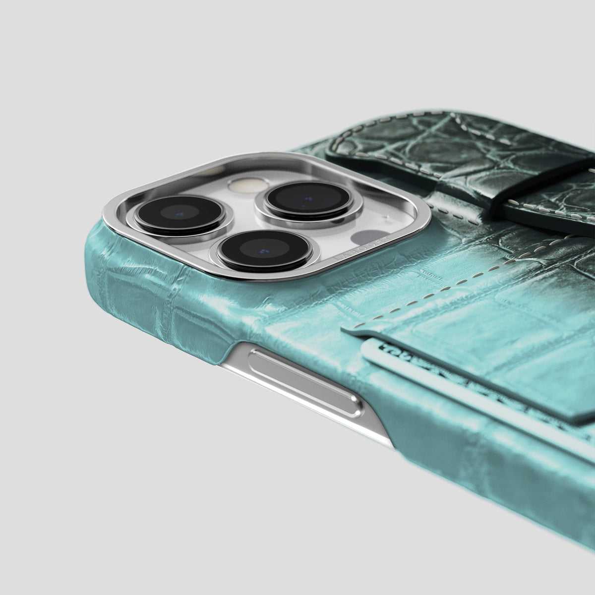 Light-Mint iPhone 14 Pro Max Cardholder Strap Himalayan Crocodile with Steel Metal -5 | Light-Mint-Steel