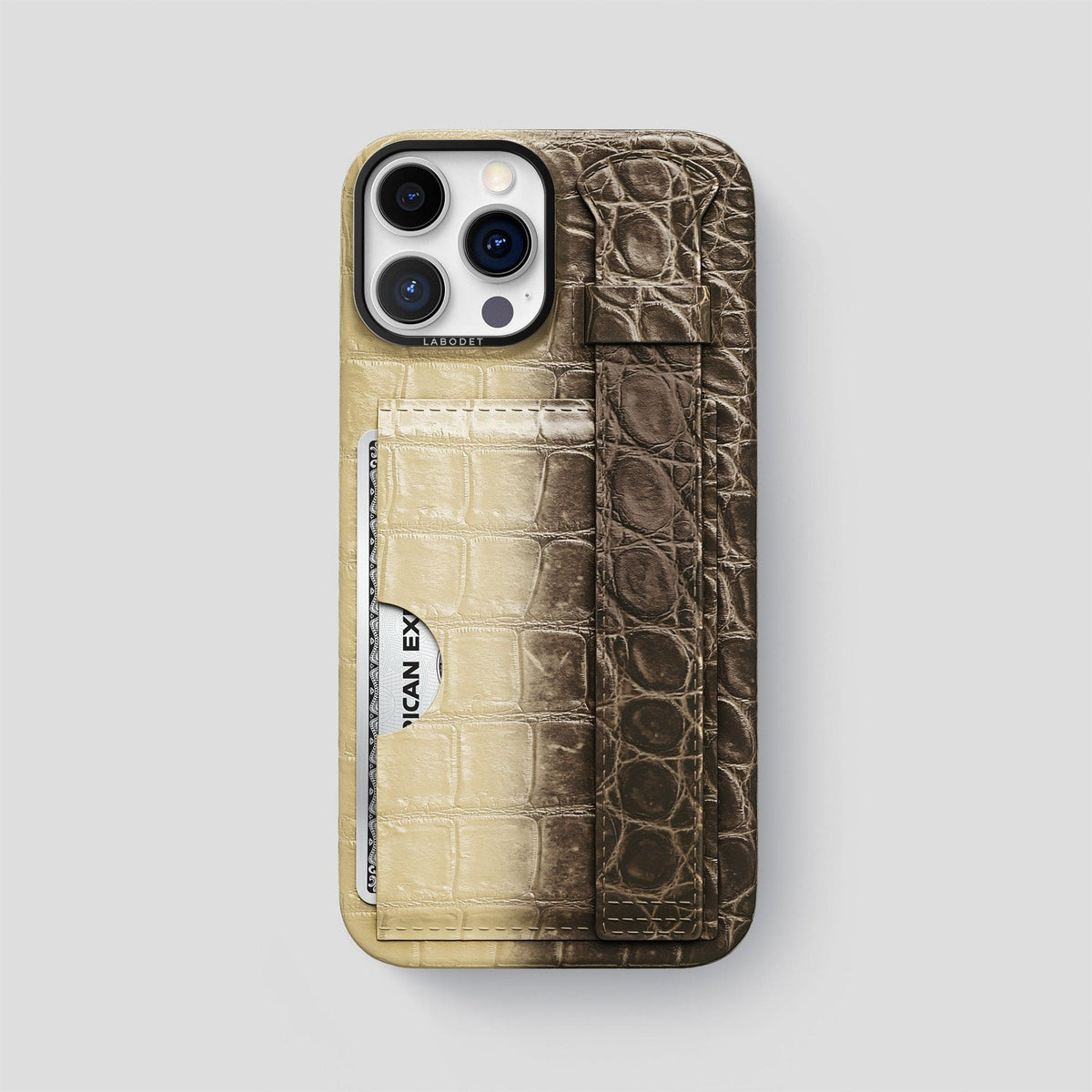 Natural iPhone 14 Pro Max Cardholder Strap Himalayan Crocodile with Black Metal -1 | Natural-Black