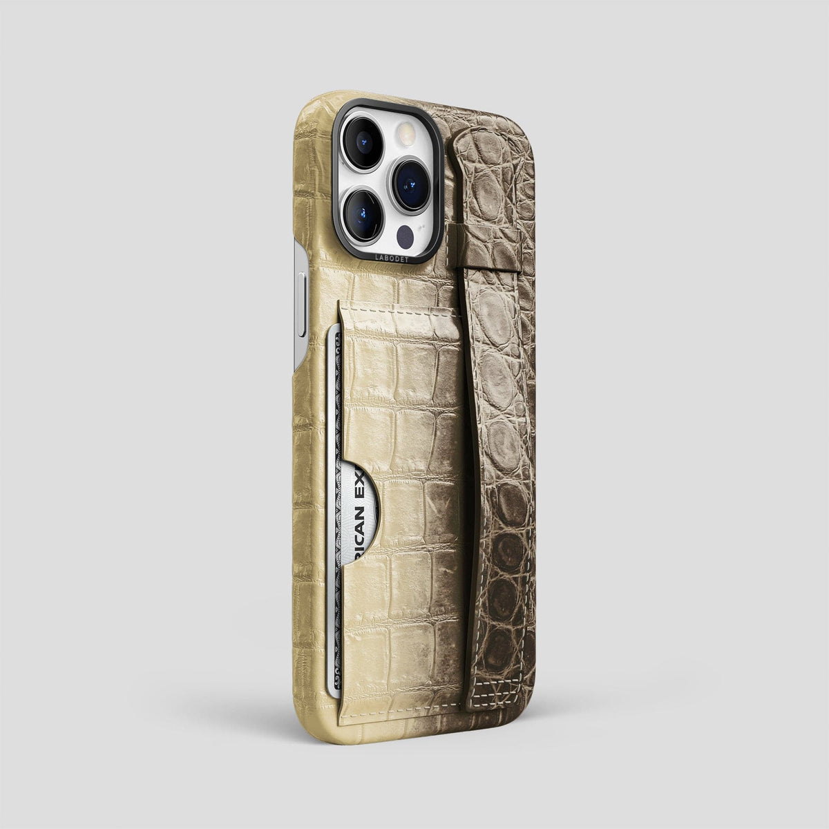 Natural iPhone 14 Pro Max Cardholder Strap Himalayan Crocodile with Black Metal -2 | Natural-Black