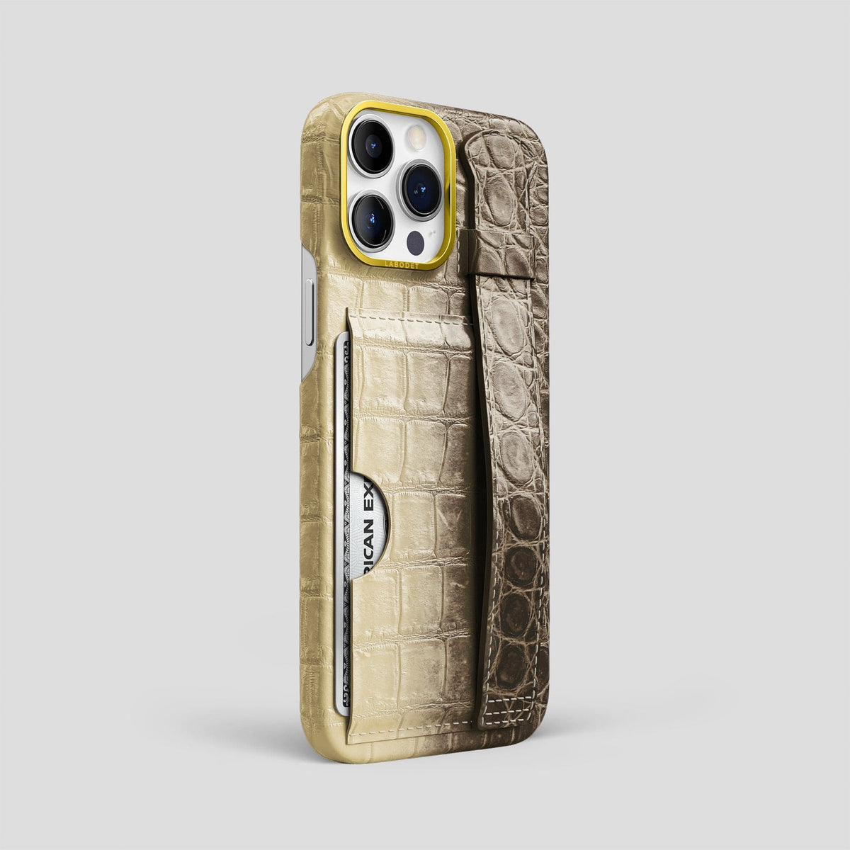 Natural iPhone 14 Pro Max Cardholder Strap Himalayan Crocodile with Gold Metal -2 | Natural-Gold