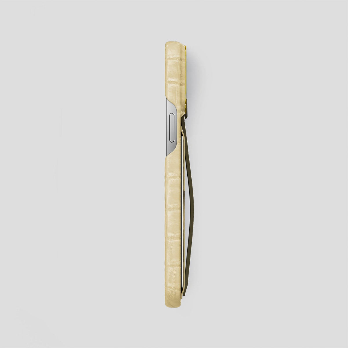 Natural iPhone 14 Pro Max Cardholder Strap Himalayan Crocodile with Gold Metal -3 | Natural-Gold