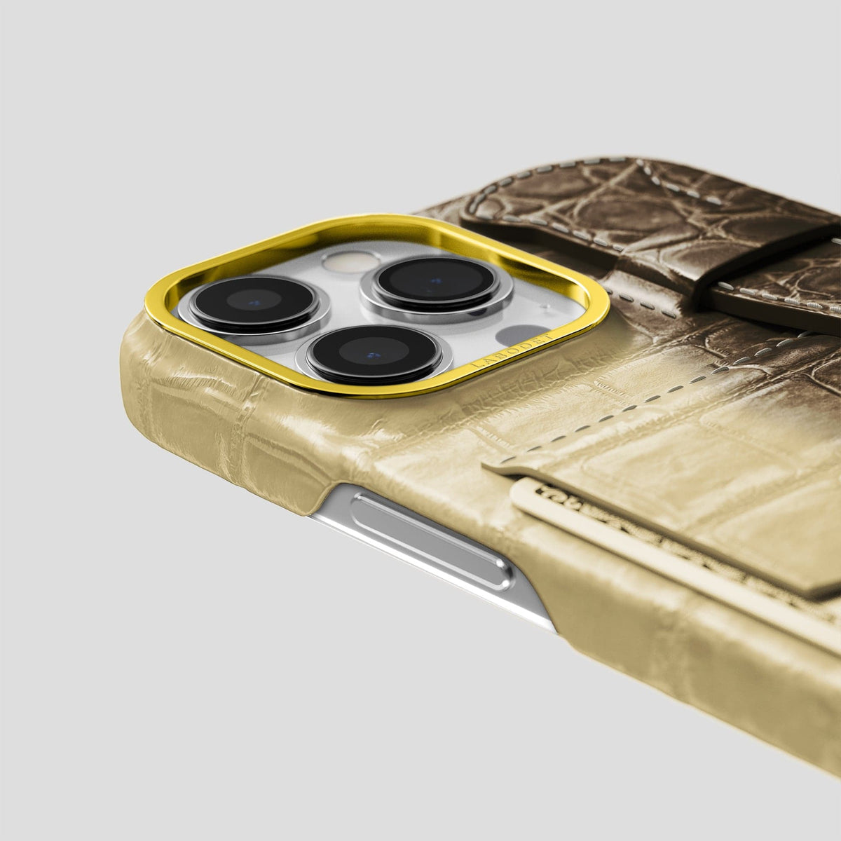 Natural iPhone 14 Pro Max Cardholder Strap Himalayan Crocodile with Gold Metal -5 | Natural-Gold