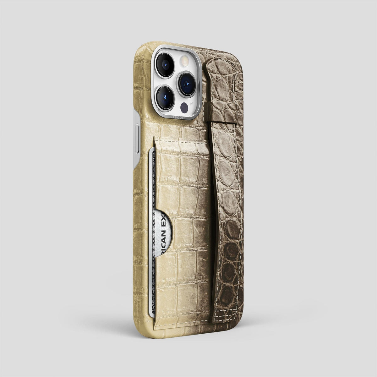Natural iPhone 14 Pro Max Cardholder Strap Himalayan Crocodile with Steel Metal -2 | Natural-Steel