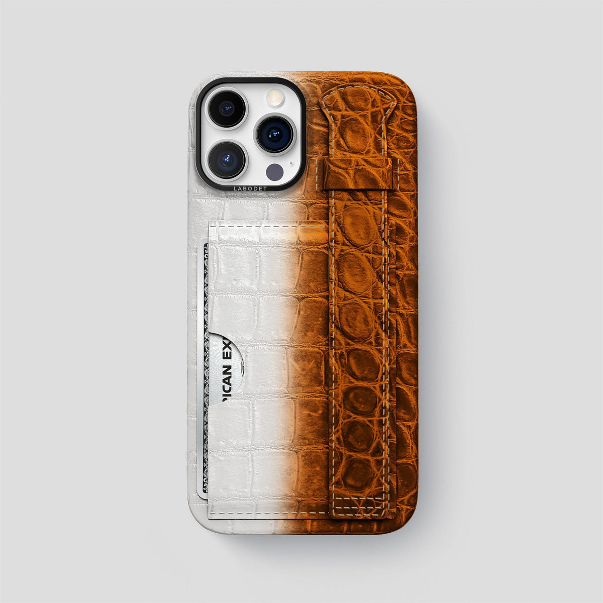Orange iPhone 14 Pro Max Cardholder Strap Himalayan Crocodile with Black Metal -1 | Orange-Black
