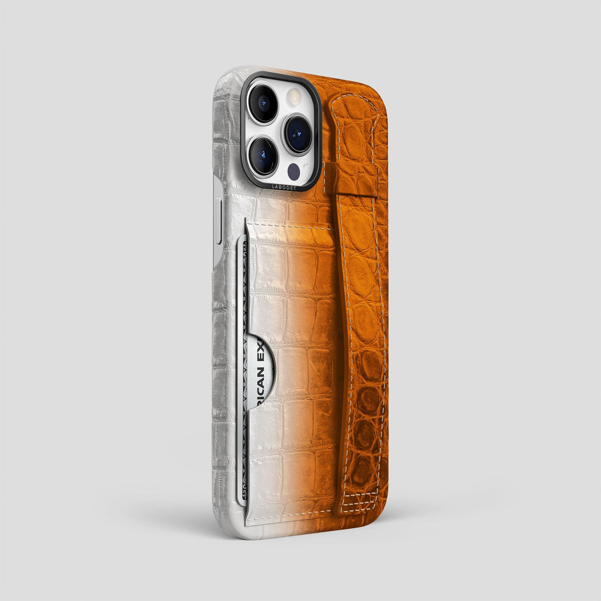 Orange iPhone 14 Pro Max Cardholder Strap Himalayan Crocodile with Black Metal -2 | Orange-Black