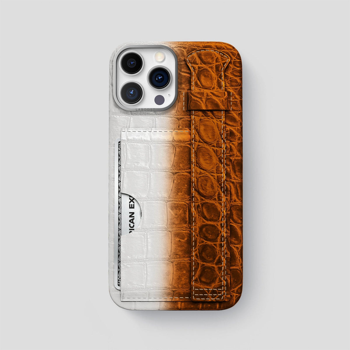 Orange iPhone 14 Pro Max Cardholder Strap Himalayan Crocodile with Steel Metal -1 | Orange-Steel
