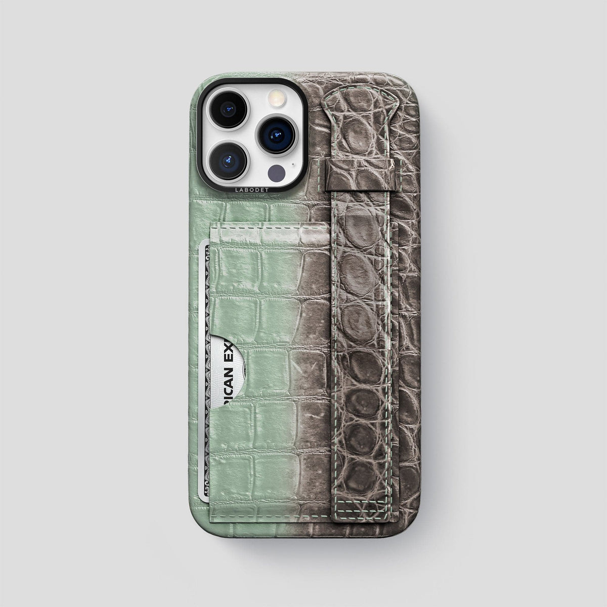 Pistachio iPhone 14 Pro Max Cardholder Strap Himalayan Crocodile with Black Metal -1 | Pistachio-Black