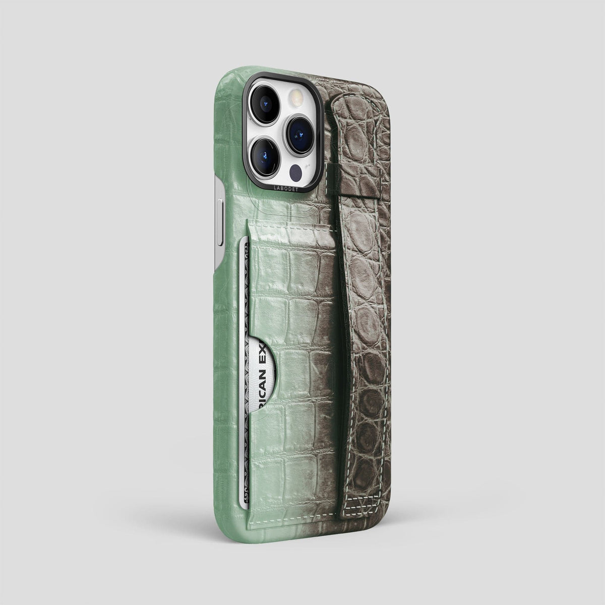 Pistachio iPhone 14 Pro Max Cardholder Strap Himalayan Crocodile with Black Metal -2 | Pistachio-Black