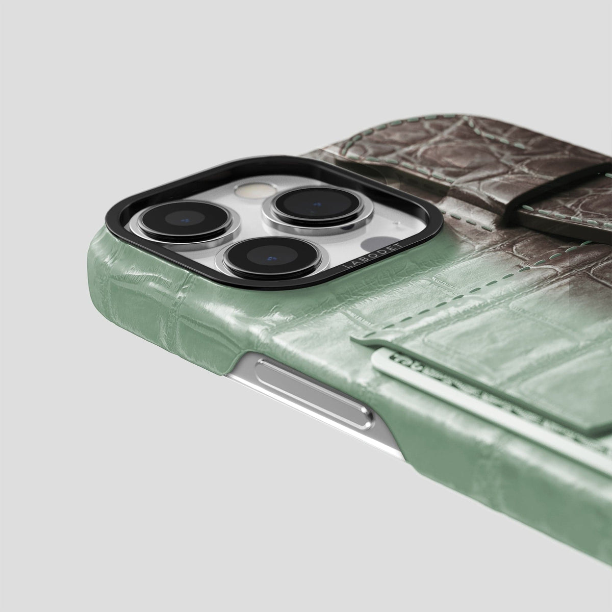 Pistachio iPhone 14 Pro Max Cardholder Strap Himalayan Crocodile with Black Metal -5 | Pistachio-Black