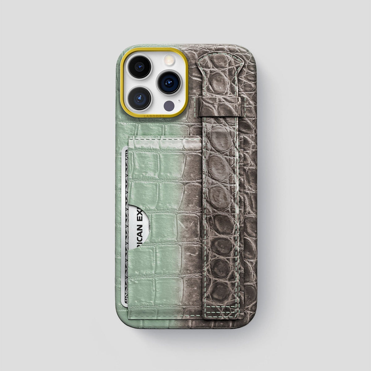 Pistachio iPhone 14 Pro Max Cardholder Strap Himalayan Crocodile with Gold Metal -1 | Pistachio-Gold