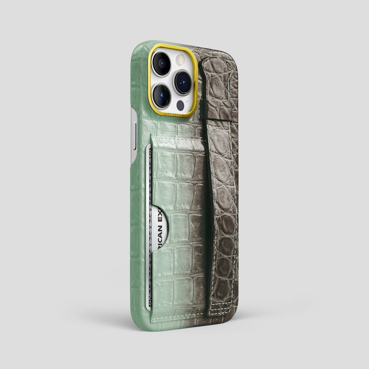 Pistachio iPhone 14 Pro Max Cardholder Strap Himalayan Crocodile with Gold Metal -2 | Pistachio-Gold