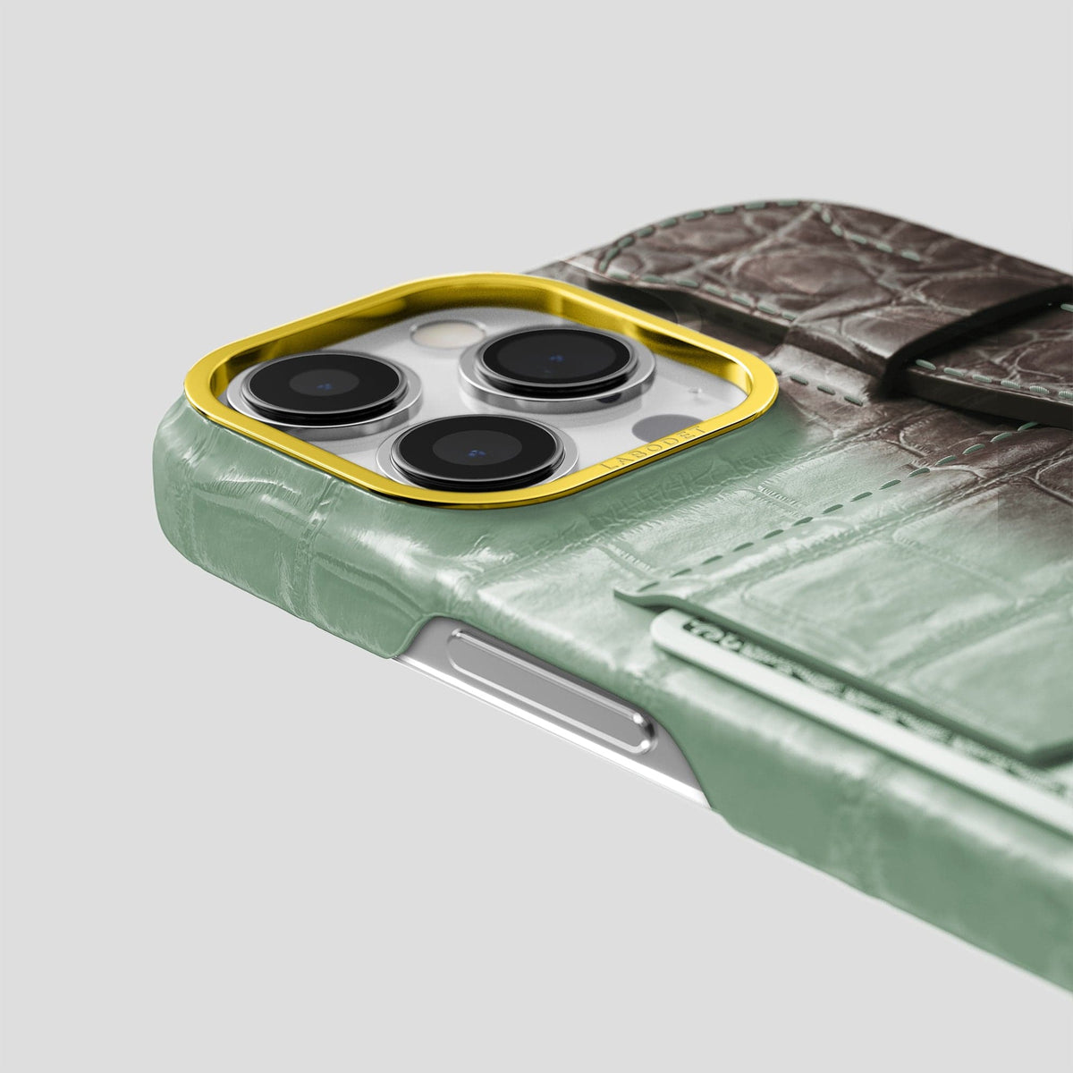 Pistachio iPhone 14 Pro Max Cardholder Strap Himalayan Crocodile with Gold Metal -5 | Pistachio-Gold