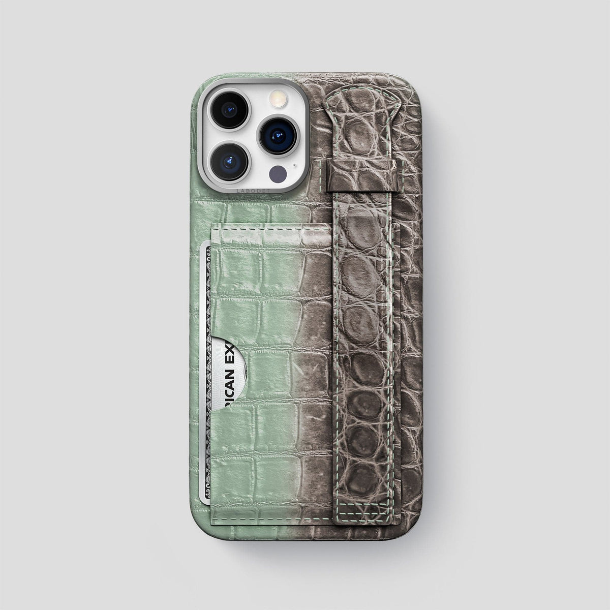 Pistachio iPhone 14 Pro Max Cardholder Strap Himalayan Crocodile with Steel Metal -1 | Pistachio-Steel