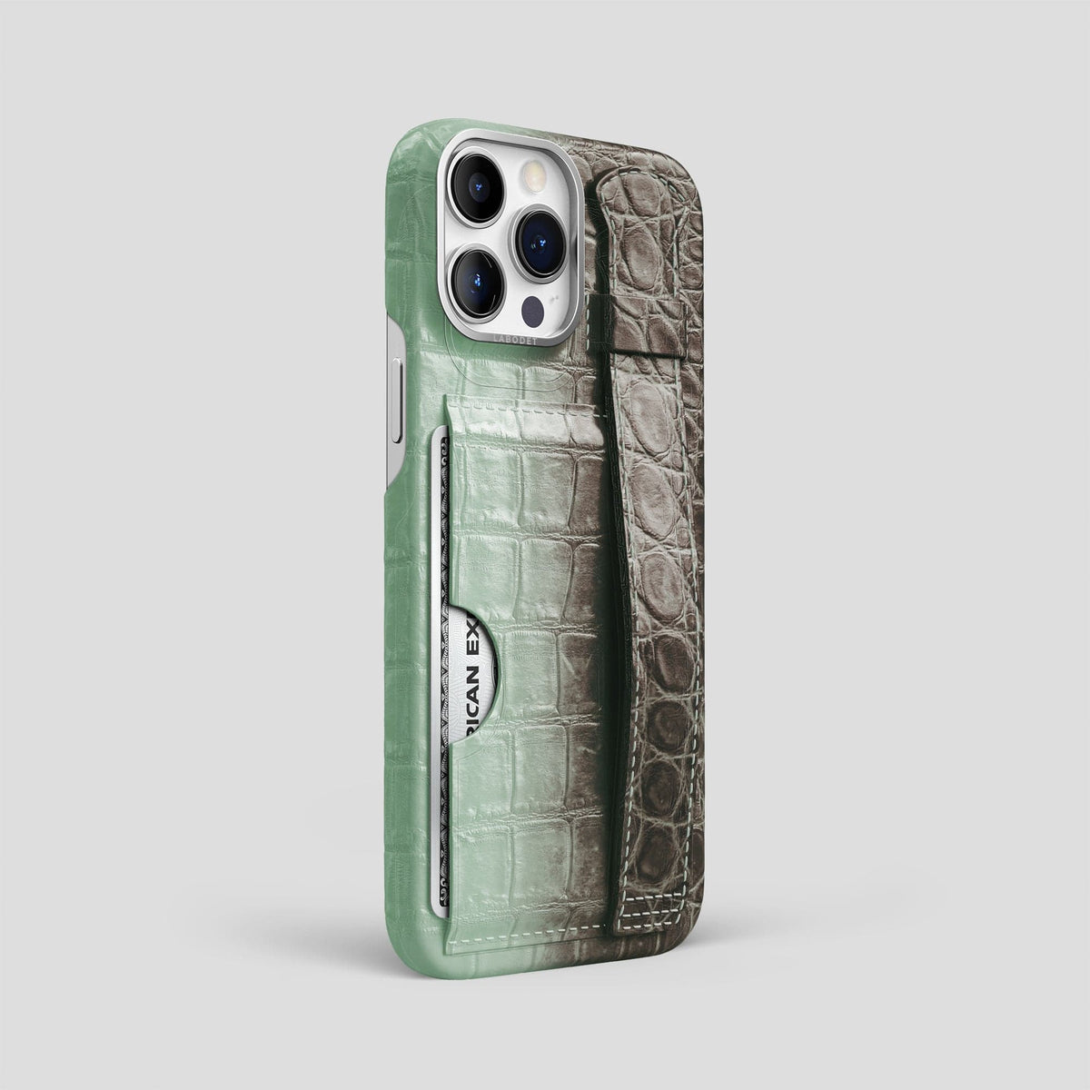 Pistachio iPhone 14 Pro Max Cardholder Strap Himalayan Crocodile with Steel Metal -2 | Pistachio-Steel