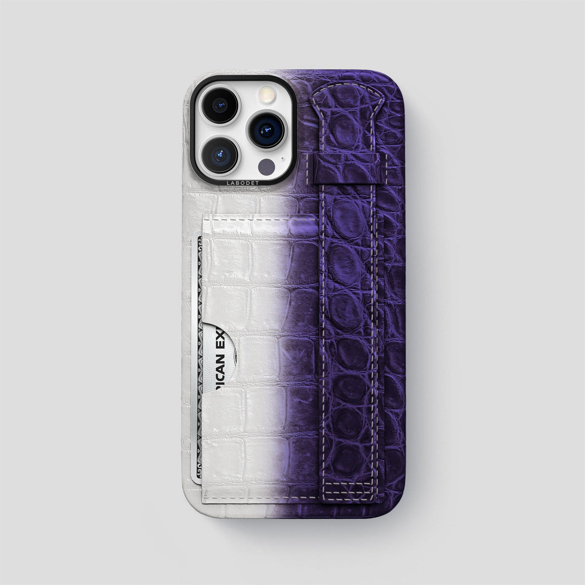 Purple iPhone 14 Pro Max Cardholder Strap Himalayan Crocodile with Black Metal -1 | Purple-Black
