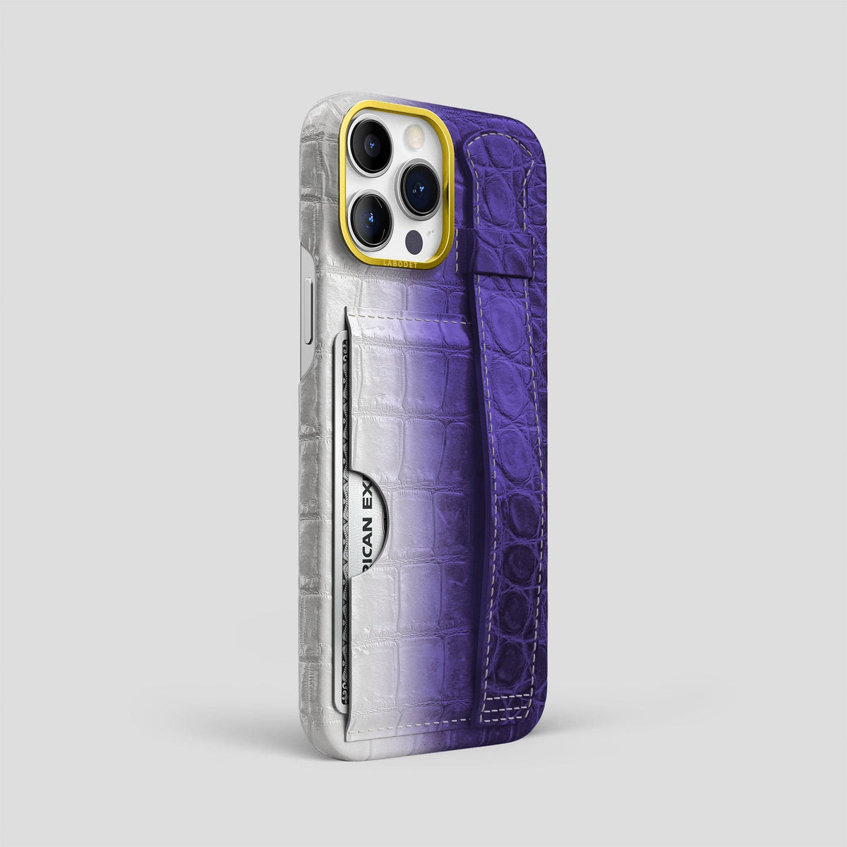 Purple iPhone 14 Pro Max Cardholder Strap Himalayan Crocodile with Gold Metal -2 | Purple-Gold
