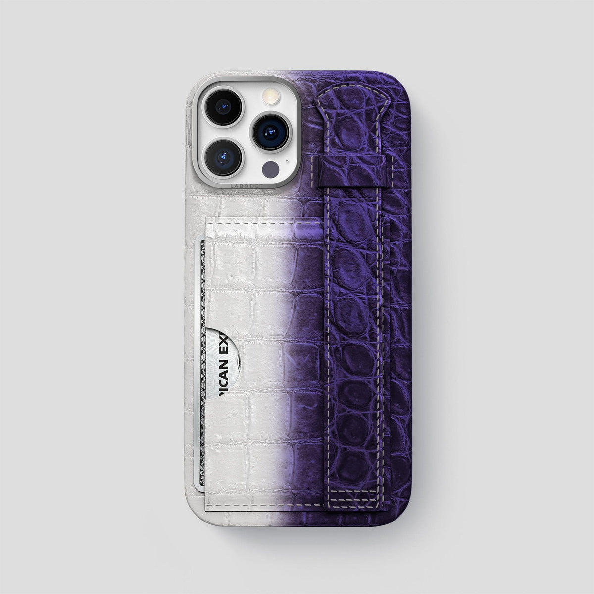 Purple iPhone 14 Pro Max Cardholder Strap Himalayan Crocodile with Steel Metal -1 | Purple-Steel