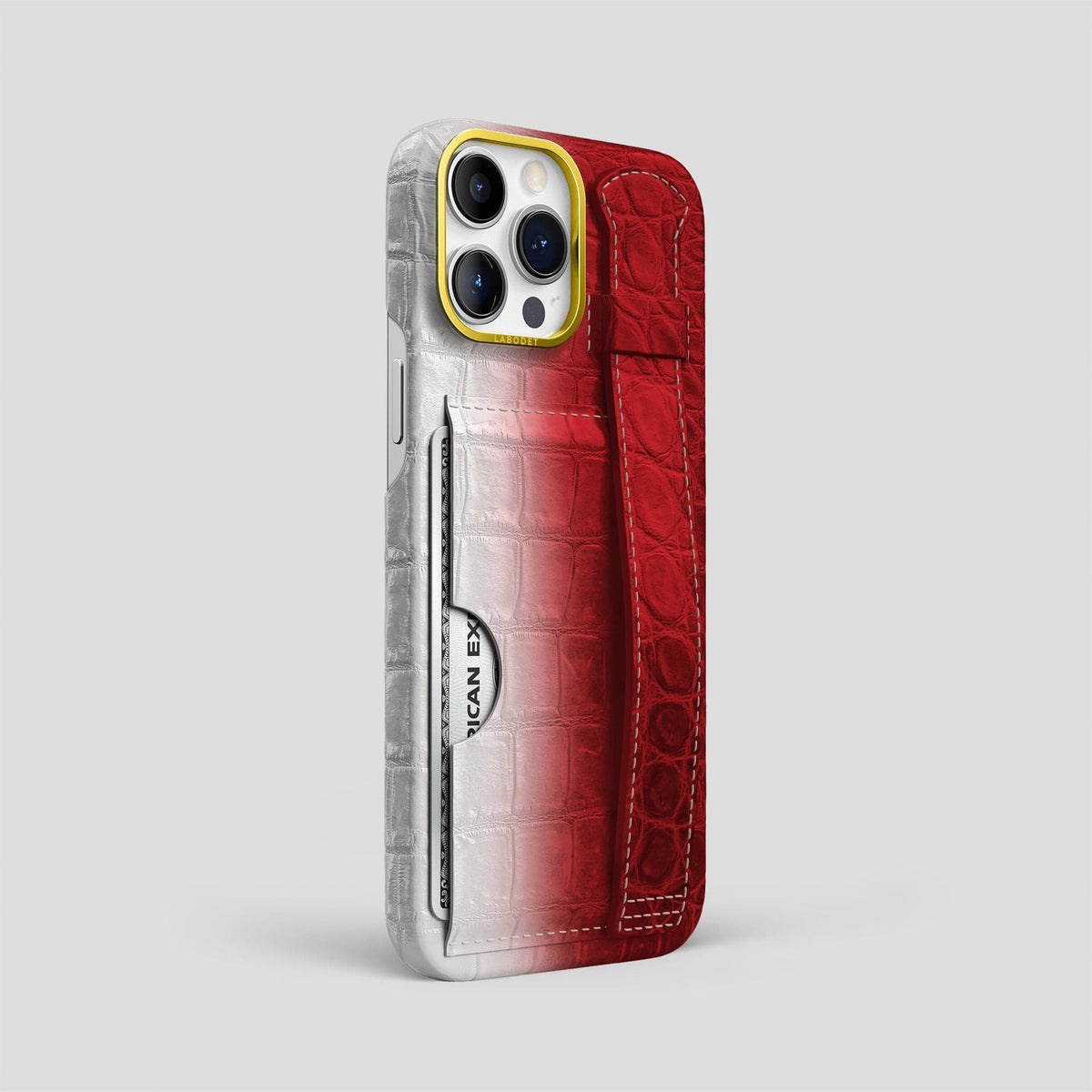 Red iPhone 14 Pro Max Cardholder Strap Himalayan Crocodile with Gold Metal -2 | Red-Gold