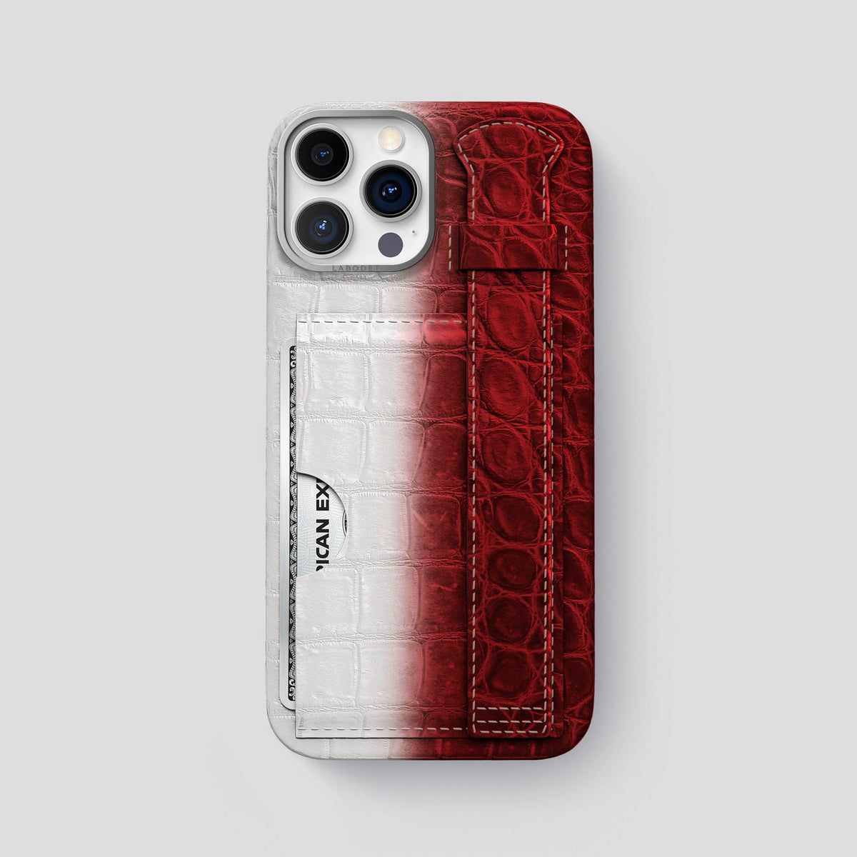 Red iPhone 14 Pro Max Cardholder Strap Himalayan Crocodile with Steel Metal -1 | Red-Steel