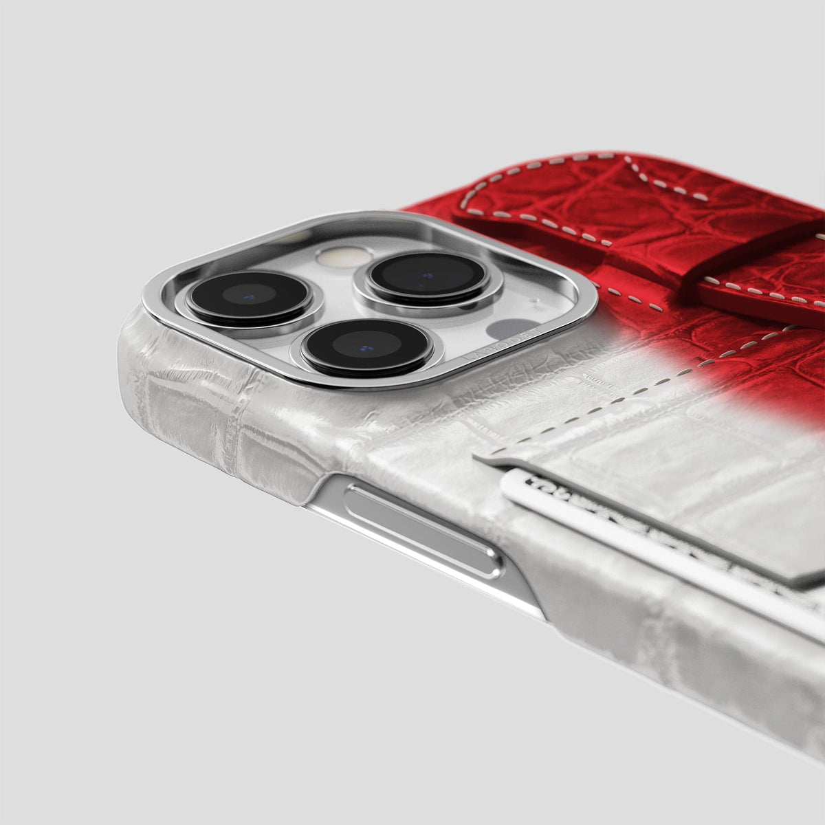 Red iPhone 14 Pro Max Cardholder Strap Himalayan Crocodile with Steel Metal -5 | Red-Steel