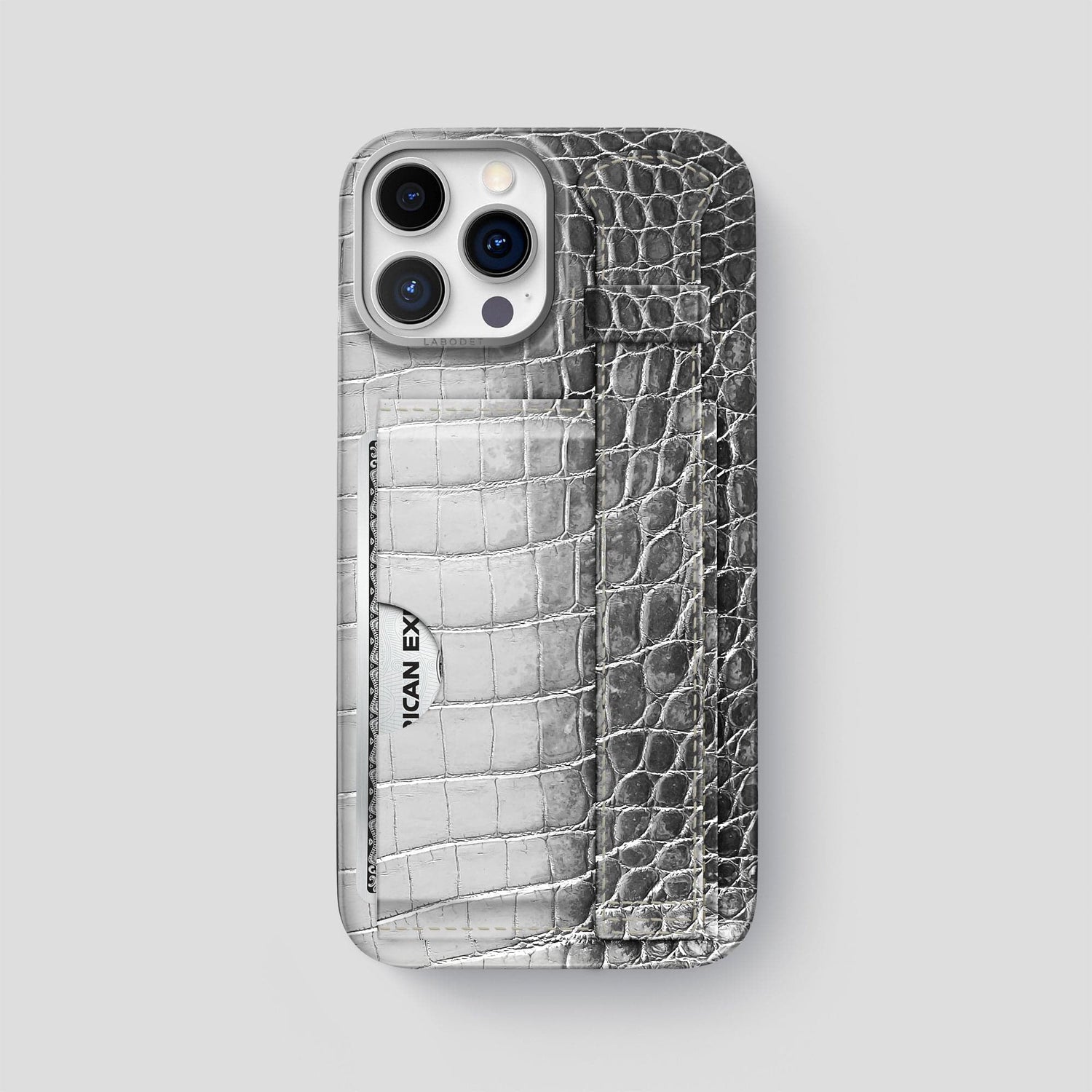 Silver iPhone 14 Pro Max Cardholder Strap Himalayan Crocodile with Steel Metal -1 | Silver-Steel