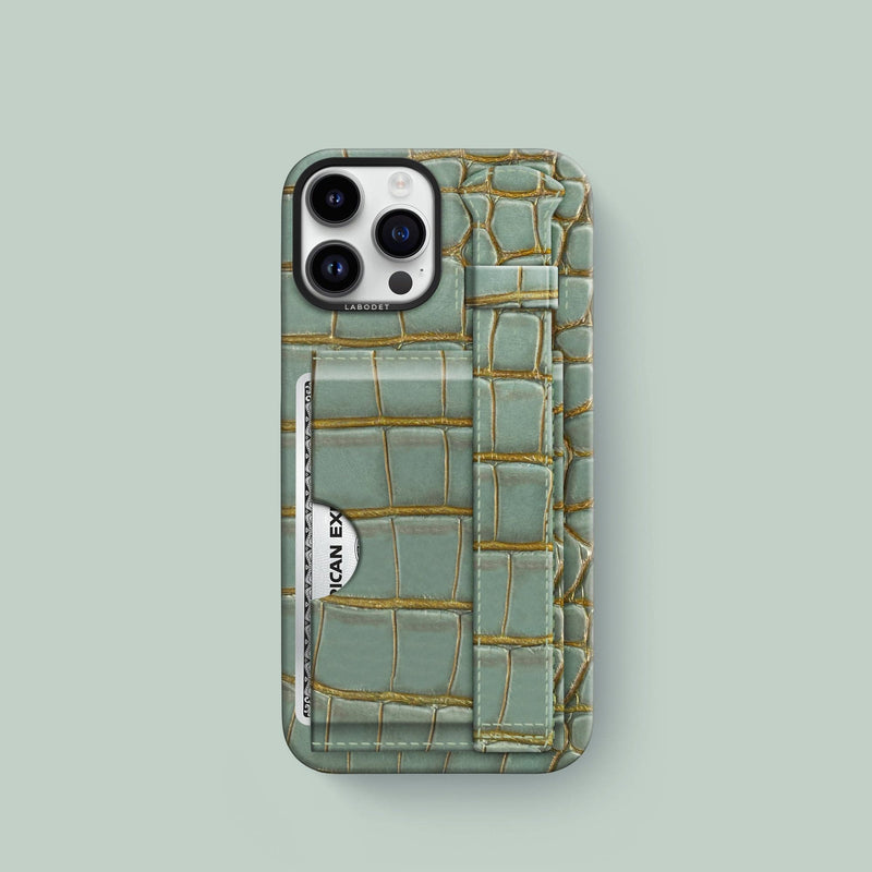 Bayou Green iPhone 15 Pro Cardholder Strap Case In Alligator with Black Metal -1 | Bayou-Green-Black