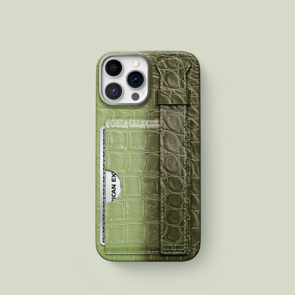 Cardholder Strap Case Celadon Green For iPhone 15 Pro In Himalayan Crocodile