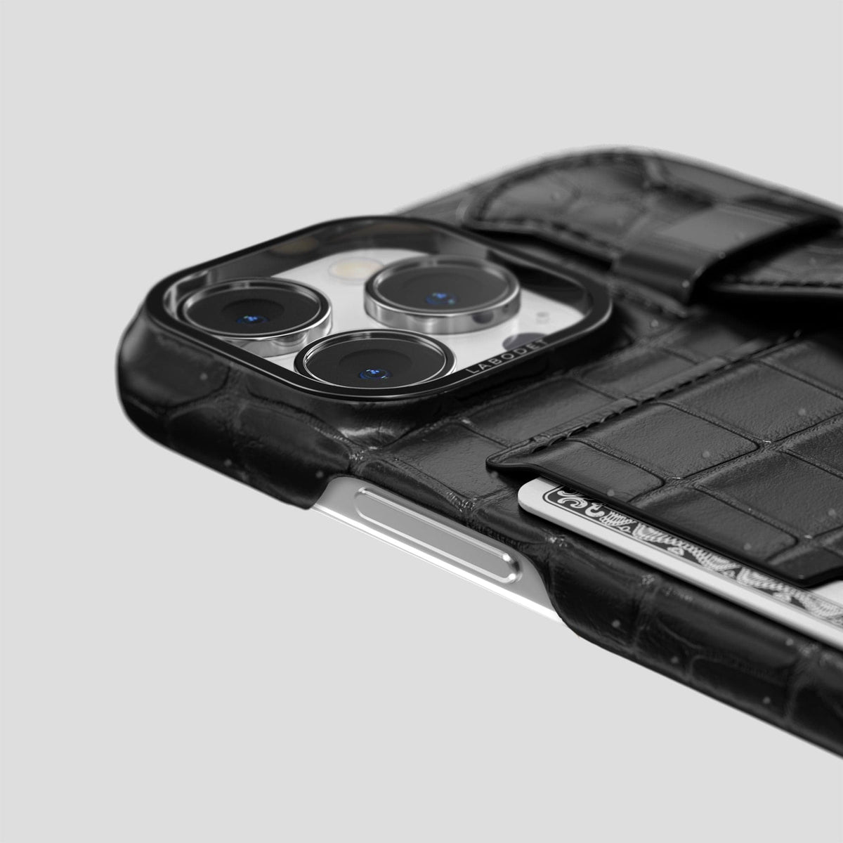 Black iPhone 15 Pro Max Cardholder Strap Case Porosus Crocodile with Black Metal -5 | Black-Black
