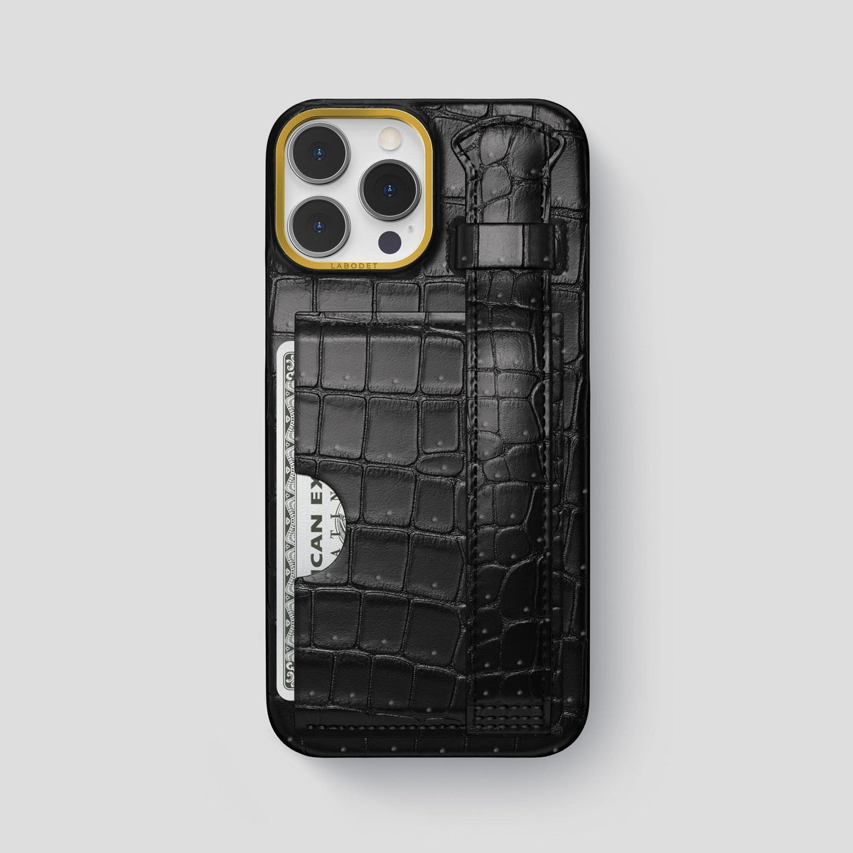 Black iPhone 15 Pro Max Cardholder Strap Case Porosus Crocodile with Gold Metal -1 | Black-Gold