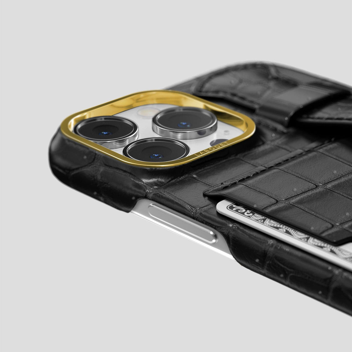 Black iPhone 15 Pro Max Cardholder Strap Case Porosus Crocodile with Gold Metal -5 | Black-Gold