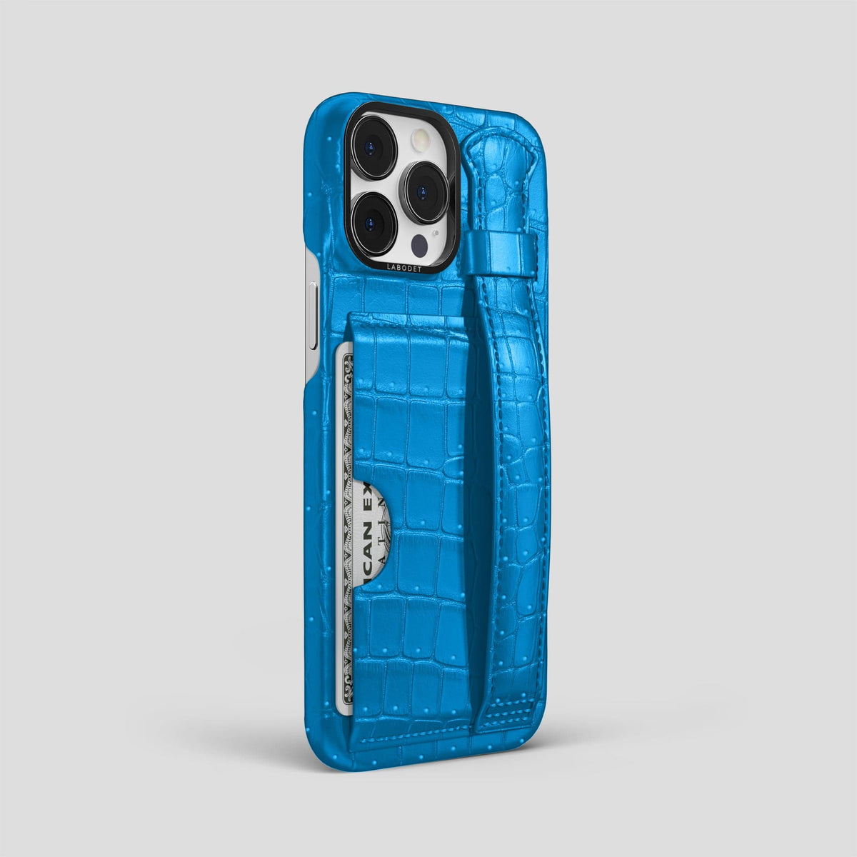 Blue-Lagoon iPhone 15 Pro Max Cardholder Strap Case Porosus Crocodile with Black Metal -2 | Blue-Lagoon-Black