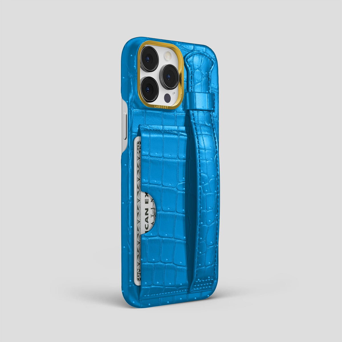 Blue-Lagoon iPhone 15 Pro Max Cardholder Strap Case Porosus Crocodile with Gold Metal -2 | Blue-Lagoon-Gold