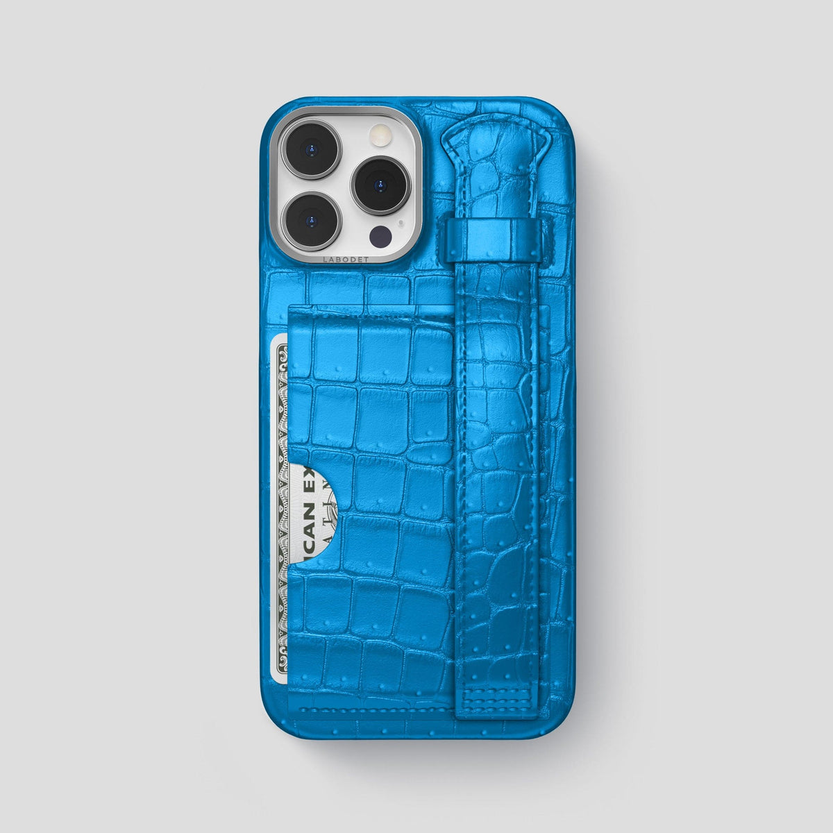 Blue-Lagoon iPhone 15 Pro Max Cardholder Strap Case Porosus Crocodile with Steel Metal -1 | Blue-Lagoon-Steel