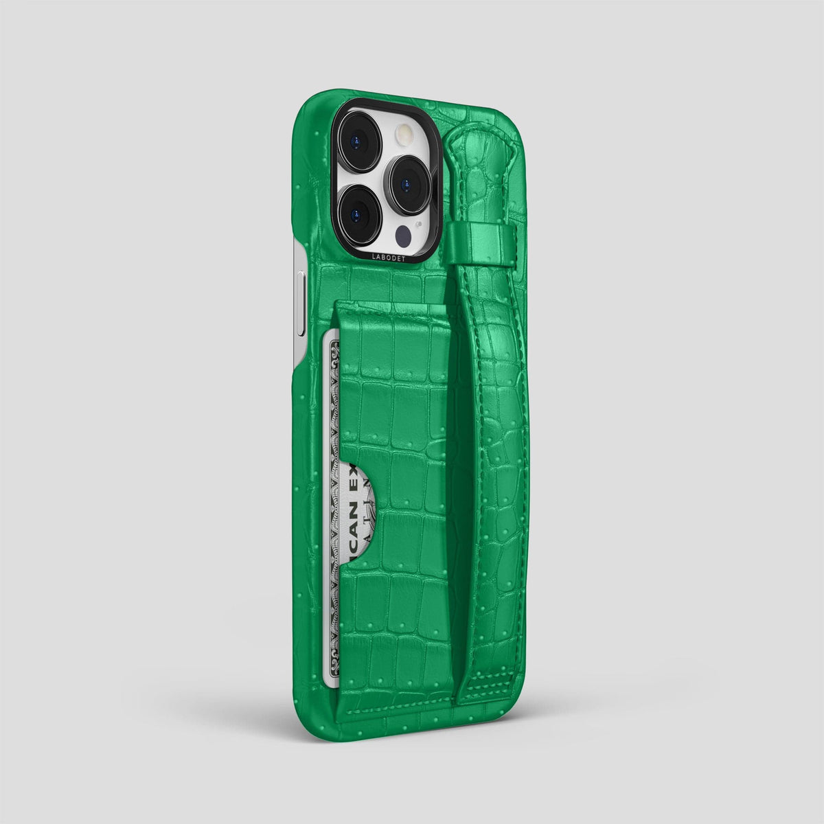 Cactus-Green iPhone 15 Pro Max Cardholder Strap Case Porosus Crocodile with Black Metal -2 | Cactus-Green-Black