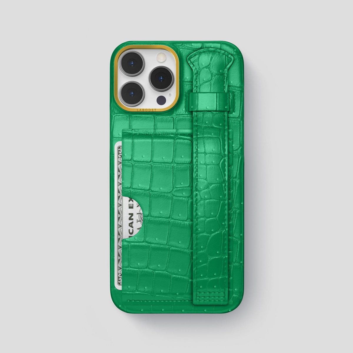 Cactus-Green iPhone 15 Pro Max Cardholder Strap Case Porosus Crocodile with Gold Metal -1 | Cactus-Green-Gold