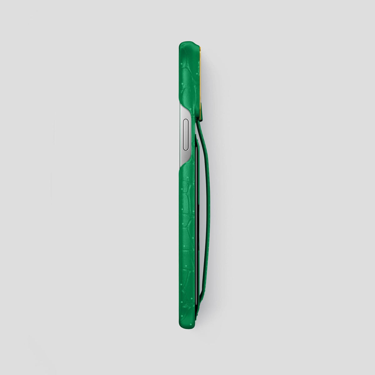 Cactus-Green iPhone 15 Pro Max Cardholder Strap Case Porosus Crocodile with Gold Metal -3 | Cactus-Green-Gold