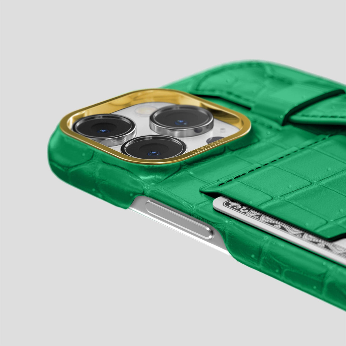 Cactus-Green iPhone 15 Pro Max Cardholder Strap Case Porosus Crocodile with Gold Metal -5 | Cactus-Green-Gold