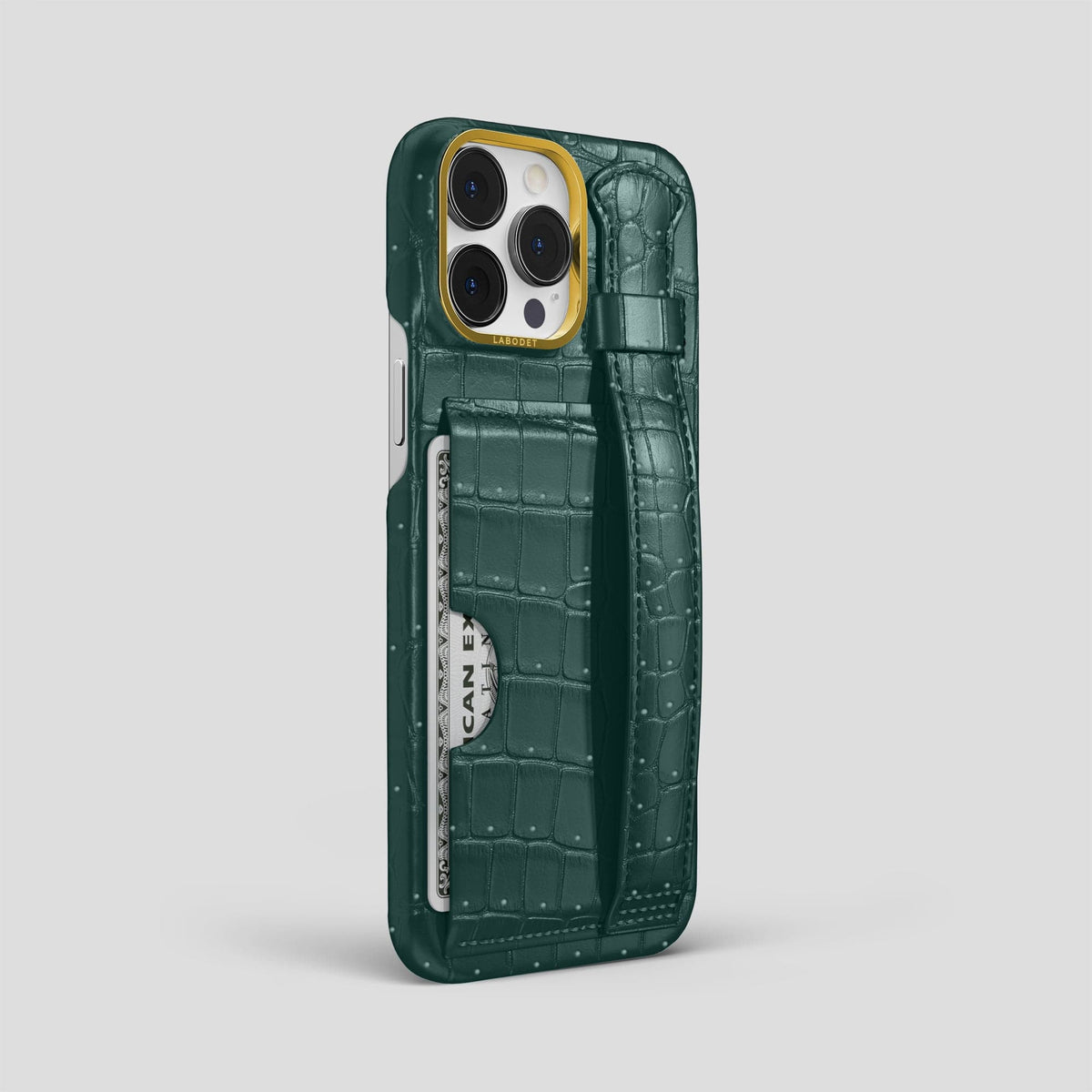 Dark-Forest iPhone 15 Pro Max Cardholder Strap Case Porosus Crocodile with Gold Metal -2 | Dark-Forest-Gold