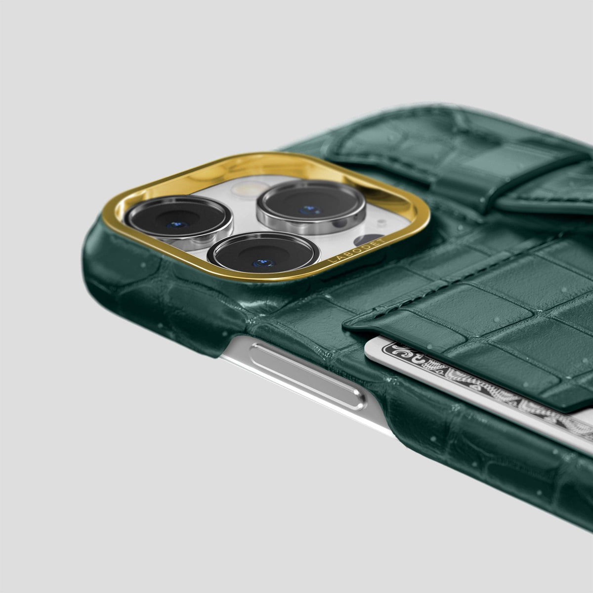 Dark-Forest iPhone 15 Pro Max Cardholder Strap Case Porosus Crocodile with Gold Metal -5 | Dark-Forest-Gold