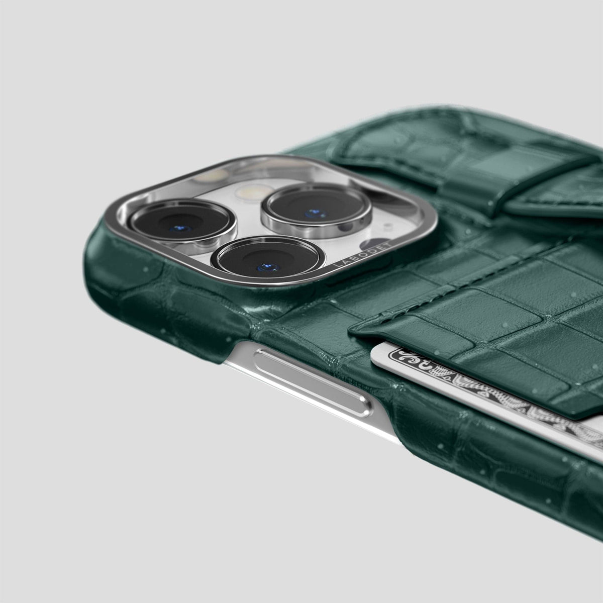 Dark-Forest iPhone 15 Pro Max Cardholder Strap Case Porosus Crocodile with Steel Metal -5 | Dark-Forest-Steel