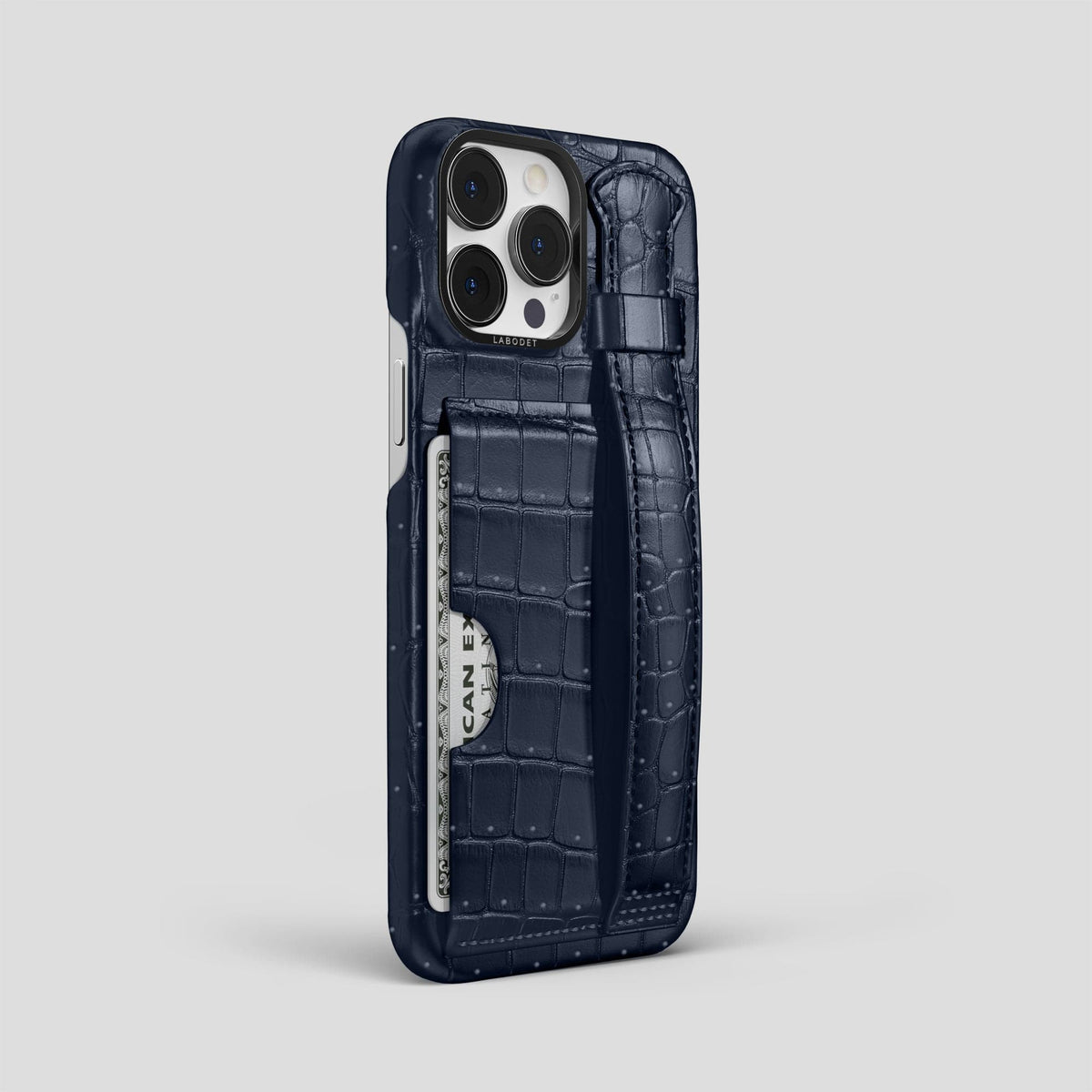 Deep Blue Sea iPhone 15 Pro Max Cardholder Strap Case Porosus Crocodile with Black Metal -2 | Deep-Blue-Sea-Black